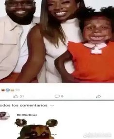 two adults and one child are smiling for the camera, while an instagramtion is being shared to them