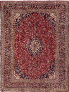 This 50-60 year old (Semi Antique) Persian Kashan rug is Hand Knotted of 100% Natural Wool and has 100 knots per square inch. This rug has fringe. Colors found in this rug include: Red, Blue, Green, Navy Blue, Ivory, Olive, Peach, Yellow, Pink. The primary color is Red. This rug is 1/2" thick. This rug is in Very Good  condition, with minor blemishes (Low Pile Spots). Further details can be seen in the pictures Features: Border, Botanical, Country, Floral, Fringe, Medallion, Traditional Iranian Rugs, Kashan Rug, Large Area Rugs, Red Blue Green, Blue Ivory, Red Rugs, Natural Wool, Persian Rug, Hand Knotted Rugs