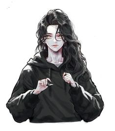 a drawing of a person with long hair and black hoodie holding their hands together