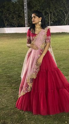 Pink Half Sarees, Gown Dress Party Wear, Luxury Outfit, Long Frock Designs, Half Saree Lehenga, Long Gown Design, Half Sarees, Simple Frocks, Lehenga Designs Simple