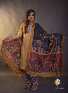 Pen kalamkari tree of life hand painted exclusive dupatta or wrap around on pure gachi+ gachi tussar. Artistic Raw Silk Dupatta With Traditional Patterns, Artistic Dupatta For Festivals In Traditional Drape, Artistic Tussar Silk Dupatta For Diwali, Diwali Slub Silk Dupatta With Kalamkari Print, Raw Silk Dupatta With Printed Motifs In Traditional Drape, Artistic Dupatta With Traditional Drape For Festivals, Artistic Raw Silk Dupatta For Festive Occasions, Artistic Raw Silk Traditional Wear With Kalamkari Print, Artistic Unstitched Dupatta In Traditional Drape