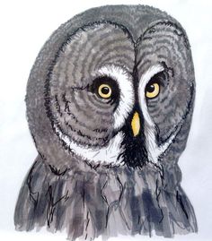 a drawing of an owl with yellow eyes