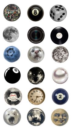 several different types of balls with faces and numbers on them, all in black and white