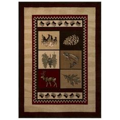 a rug with different animals and leaves on the front, along with an animal themed border