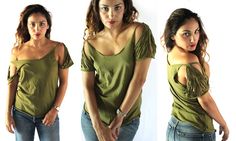 three different pictures of a woman with her hands in her pockets and one showing the back