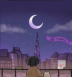 a person sitting on a bench looking out at the city with a purple banner in the sky