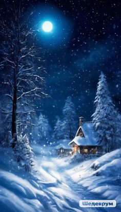 a snowy night with a house and trees