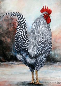 a painting of a rooster with black and white stripes on it's feathers, standing in