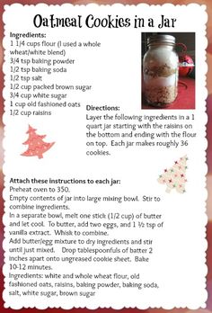 a recipe for oatmeal cookies in a jar with instructions on how to make it