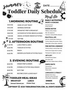 a black and white flyer with information about the activities for toddler's daily schedule