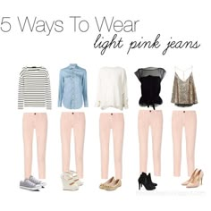 5 ways to wear light pink jeans Pink Jeans Outfit Spring, Rose Pink Pants Outfit, What To Wear With Light Pink Pants, Rose Jeans Outfit, What To Wear With Pink Jeans, Spring Fashion 2023 Women, Light Pink Pants Outfit Work, What To Wear With Pink Pants, Rose Pants Outfit