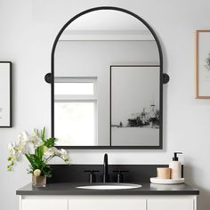 48 Inch Bathroom Vanity Single Sink Mirror, Vanity Mirrors For Bathroom, Bathroom Vanity Mirror And Lighting, Arched Bathroom Mirror Lighting, Marble And Black Bathroom, White Bathroom With Black Fixtures, Bathroom Mirror Ideas Single Sink, Vanity Mirror Ideas Bathroom, Bath Mirror Ideas