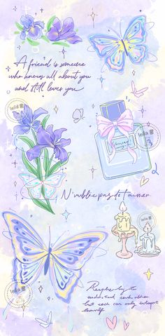 a drawing of flowers and butterflies on a blue watercolor background with words written below