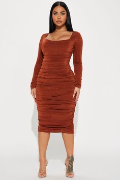 Available In Rust. Ruched Midi Dress Square Neck Long Sleeves Stretch Length=47" Self 95% Polyester 5% Spandex Lining 100% Polyester Imported | Kaci Ruched Midi Dress in Rust size 1X by Fashion Nova Date Night Fashion, Dress Square Neck, Ruched Midi Dress, Rust Dress, Xl Fashion, Ruched Dress, Dress With Boots, Square Neck, Fashion Nova