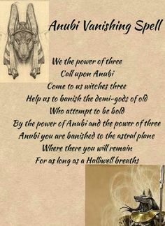 an advertisement with pictures of animals and words on it that say,'ahuhi vanishing spell we the power of three call upon amaki come to act witches there help us