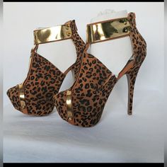 Beautiful Animal Print Platform Stilettos, Approx 6" Heel And 2"Platform, Size 6.5... Slight Flaws Around Gold Ankle Band Not Very Detectable But Worth Noting, Sky High And Super Sexy!, Leopard Print Sandals With Round Toe For Party, Brown Sandals With 4-inch Heel For Party, Leopard Print High Heels For Night Out, Fitted Leopard Print High Heels, Chic Brown Heels For Party, Chic Brown Party Heels, Party Platform Heels In Leopard Print, Leopard Print Open Heel Sandals For Party, Brown Heels With Heel Strap For Party