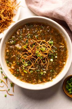 a bowl of soup with noodles and green onions