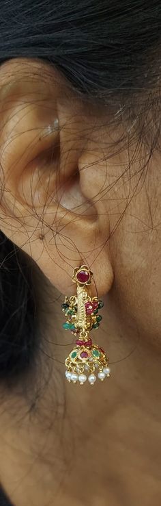 makarakundanalu - 22 karat gold hoop earrings with ruby , emerald , beads & pearls 
   - 235-GER6606 - in 13.850 Grams for USD $1,697.08 USD. 
Made in India by Totaram Jewelers Online this product is in Gold - 22 Karat BIS Hallmark 916 Gold  & is an excellent gift for Adult - Women. Ships fully insured with secured guaranteed delivery for free with your order over $250 from New Jersey USA & comes with 30 days exchange policy. 22k Gold Cutdana Earrings For Puja, Festive 22k Gold Temple Jewelry Danglers, Gold Plated Temple Jewelry Danglers For Puja, Festive 22k Gold Temple Hoop Earrings, Festive Temple Jewelry Hoop Earrings, 22k Gold Temple Jewelry Hoop Earrings, Traditional 22k Gold Single Earring, Gold Makarakundanalu, Indian Earrings