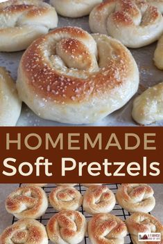 homemade soft pretzels on a cooling rack with the words homemade soft pretzels