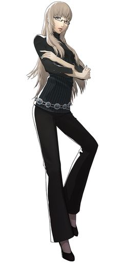 an anime character with long hair and black pants