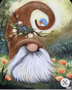 a painting of an old man with a bird on his head and flowers in his hair