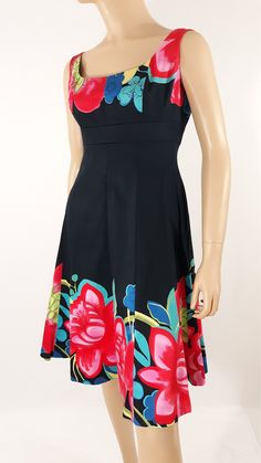 "Women's Dress Summer Classic Colorful Floral Black Sleeveless Fitted Bodice Excellent Condition Vintage Designer by NINE WEST Size 6 Gorgeous head turning dress with colorful floral pattern around bust and hymn line in pinks red yellow green and blue, on solid black dress.  Sleeveless, scoop neck, fitted bodice with darts, zipper back...super cute! Classic chic feminine. Fitted bodice and flared out circular skirt for dramatic silhouette, sweetheart neckline, back zipper, front and back fitted Black Dress Sleeveless, Head Turning Dress, Circular Skirt, 80s Dress, Classic Chic, Vintage Designer, Black Sleeveless, Dress Summer, Fitted Bodice