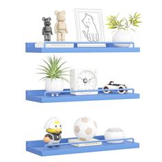 three shelves with various items on them and one has a soccer ball, an air plant