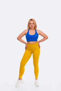 Comfort, confidence, freedom. A matching crossover back bra and high-waisted leggings in colors representing the Ukrainian flag. Dance Leggings, Support Ukraine, Bra Support, Belly Support, High Neck Bodysuit, Dance Pants, Ukrainian Flag, Lower Belly, Long Sleeve Tank Top