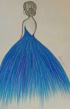 a drawing of a woman in a blue dress with her hair pulled back to the side