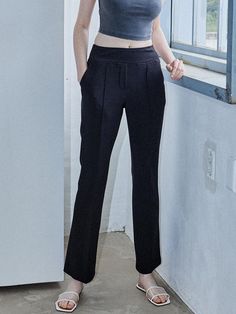 This is a trendy and casual pants by MaLoupe that is made out of high quality and sturdy fabric. With unique design detail and comfortable mood, you can style it for your casual and young daily outfit.- Full elastic waistband- Cool touch of fabric for summer- Slim boots cut silhouette- Pin tuck detail on the center Office Straight Dress Pants With Elastic Waistband, Black Elastane Trousers, Black Elastane Bottoms With Elastic Waistband, Casual Wide Leg Elastane Bottoms, Black High-waisted Elastane Dress Pants, Versatile Ankle-length Pants For Office, Black Stretch Bottoms For Business Casual, Versatile Ankle-length Office Pants, Black Wide Leg Trousers In Elastane