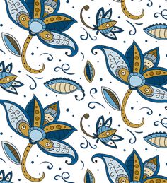 a blue and yellow flower pattern on a white background, with swirls in the middle