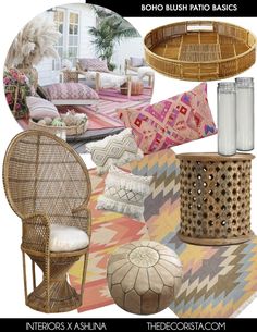 an assortment of furniture and pillows on display in a collage with the words boho bush patio basics