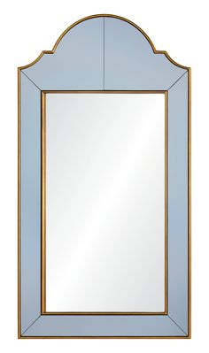 a blue mirror with gold trimmings on the edges and an arch shaped frame