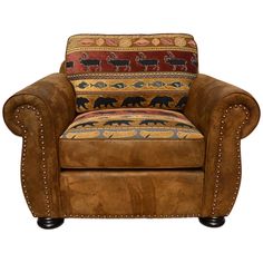 a brown leather chair with an animal pattern on it