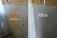 before and after photos of a bathroom shower with dirty water stains on the walls, left to right