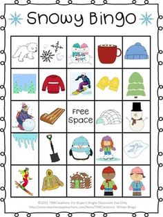 a printable snow bingo game for kids to play in the winter months, with pictures and words