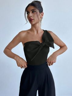 Women's One Shoulder Bow Decorated Elegant Summer Bodysuit Black Elegant  Sleeveless Knitted Fabric Plain Other Medium Stretch  Women Clothing, size features are:Bust: ,Length: ,Sleeve Length: Body Elegante, Summer Bodysuit, Elegant Bodysuit, Summer Bodysuits, Outfit Primavera, Cropped Leather Jacket, Bow Decor, Casual Stripes, Casual Everyday