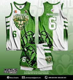 a green and white basketball uniform with the number 6 on it, featuring an image of a bear