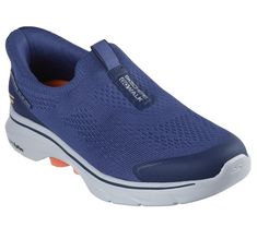 Step-in to convenient walking comfort and cushioning wearing Skechers Hands Free Slip-ins GO WALK 7 - Easy On Evolution. Designed with our exclusive Heel Pillow , this laceless style features a Stretch Fit engineered knit and synthetic upper, a Skechers Air-Cooled Memory Foam insole, lightweight ULTRA GO cushioning, and high-rebound Hyper Pillar Technology for added support. | Skechers Men's Slip-ins: GO WALK 7 - Easy On Evolution Slip-On Shoes | Medium Width | Skechers Hands Free Slip-ins molded heel panel for an easy fit | Exclusive Heel Pillow holds your foot securely in place | Skechers Air-Cooled Memory Foam cushioned comfort insole | Lightweight, responsive ULTRA GO cushioning | High-rebound ultra-lightweight Hyper Pillar Technology for added support | Stretch Fit design for sock-lik Mens Skechers, Wide Shoes, Navy Fashion, Shopping Hacks, Hands Free, Slip On Shoes, Effortless Style, Evolution, Memory Foam