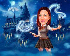 a cartoon girl holding a wand in front of a hogwarts castle with her hand out