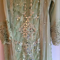 Cotton Net Material, Mirror Work, 3 Piece Suit Dupatta And Trouser, Medium Size Green Summer Dress With Mirror Work, Festive Summer Dresses With Lace Work, Green Summer Dresses With Mirror Work, Elegant Summer Dresses With Mirror Work, Spring Long Sleeve Dresses With Mirror Work, Elegant Green Dress With Mirror Work, Elegant Green Dress With Lace Work, Spring Party Sets With Lace Work, Elegant Spring Sets With Mirror Work