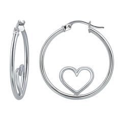 Share the love with these charming Aleure Precioso open heart center hoop earrings. Share the love with these charming Aleure Precioso open heart center hoop earrings.Click on this JEWELRY & WATCHES GUIDE to learn about fit, styles, materials and more! Diameter: 1.5 mm x 25 mm Backings: click-it Metal: sterling silver Plating: 18k gold flash plated, sterling silver Finish: polished Packaging: pouch Nickel free Size: One Size. Gender: female. Age Group: adult. Silver Round Hoop Earrings For Mother's Day, Valentine's Day Nickel-free Hoop Earrings, Heart-shaped Pierced Hoop Earrings For Anniversary, Anniversary Heart Charm Hoop Earrings, Anniversary Hoop Earrings With Heart Charm, Valentine's Day Anniversary Metal Hoop Earrings, Sterling Silver Pierced Hoop Earrings For Valentine's Day, Nickel-free Small Hoop Heart Earrings For Valentine's Day, Nickel-free Hoop Earrings For Valentine's Anniversary