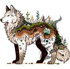 a drawing of a wolf with plants and rocks on it's back