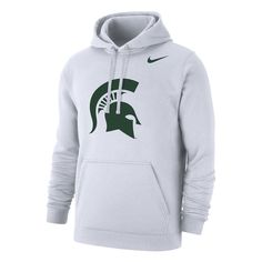 When the temperature drops, gear up in Michigan State Spartans style with this Nike Club hoodie. It features a classic design and bold team graphics on the chest. The soft fleece lining and adjustable hood make this pullover a must-have for any Michigan State Spartans fan. Midweight hoodie suitable for moderate temperatures Material: 80% Cotton/20% Polyester - Body; 100% Cotton - Hood Lining Pullover Long sleeve Front pouch pocket Hooded Pullover Officially licensed Machine wash, tumble dry low Nike Sports Fan Apparel Sweatshirt, Collegiate Long Sleeve Hoodie With Logo Print, Nike Collegiate Sports Hoodie, Nike Long Sleeve Fan Apparel Hoodie, Nike Collegiate Hoodie For Sports, Nike Long Sleeve Hoodie Fan Apparel, Nike Sweatshirt For Sports Season Fan Apparel, Nike Long Sleeve Hoodie For Fan Apparel, Nike Fleece Hoodie With Logo Print