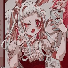 an anime character is taking a selfie with her cell phone while another looks on