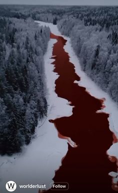 an aerial view of a snow covered forest and river with red water flowing down it