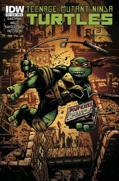 the teenage mutant ninja is jumping over a city