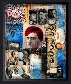 an altered collage with many different pictures and words on it's side, including the image of a man in a red hat