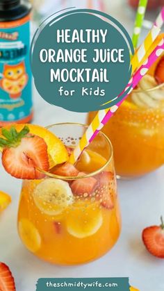 healthy orange juice cocktail for kids with strawberries and lemons on the rim in glasses