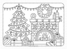 a coloring page with christmas trees and presents in front of a fireplace, decorated for the holidays